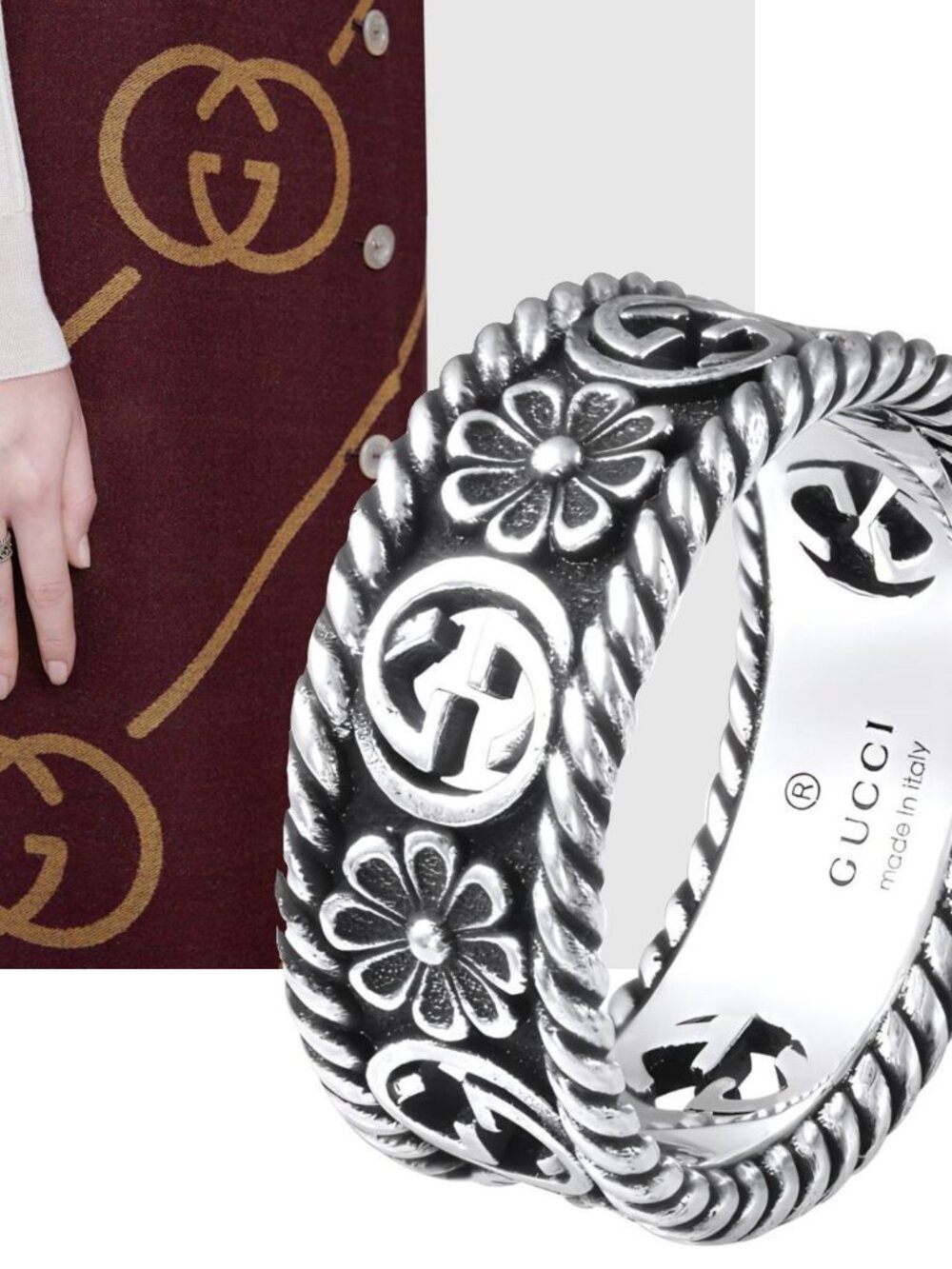 GUCCI RING STERLING SILVER GG LOGO FLOWER BAND sz 12 US 6